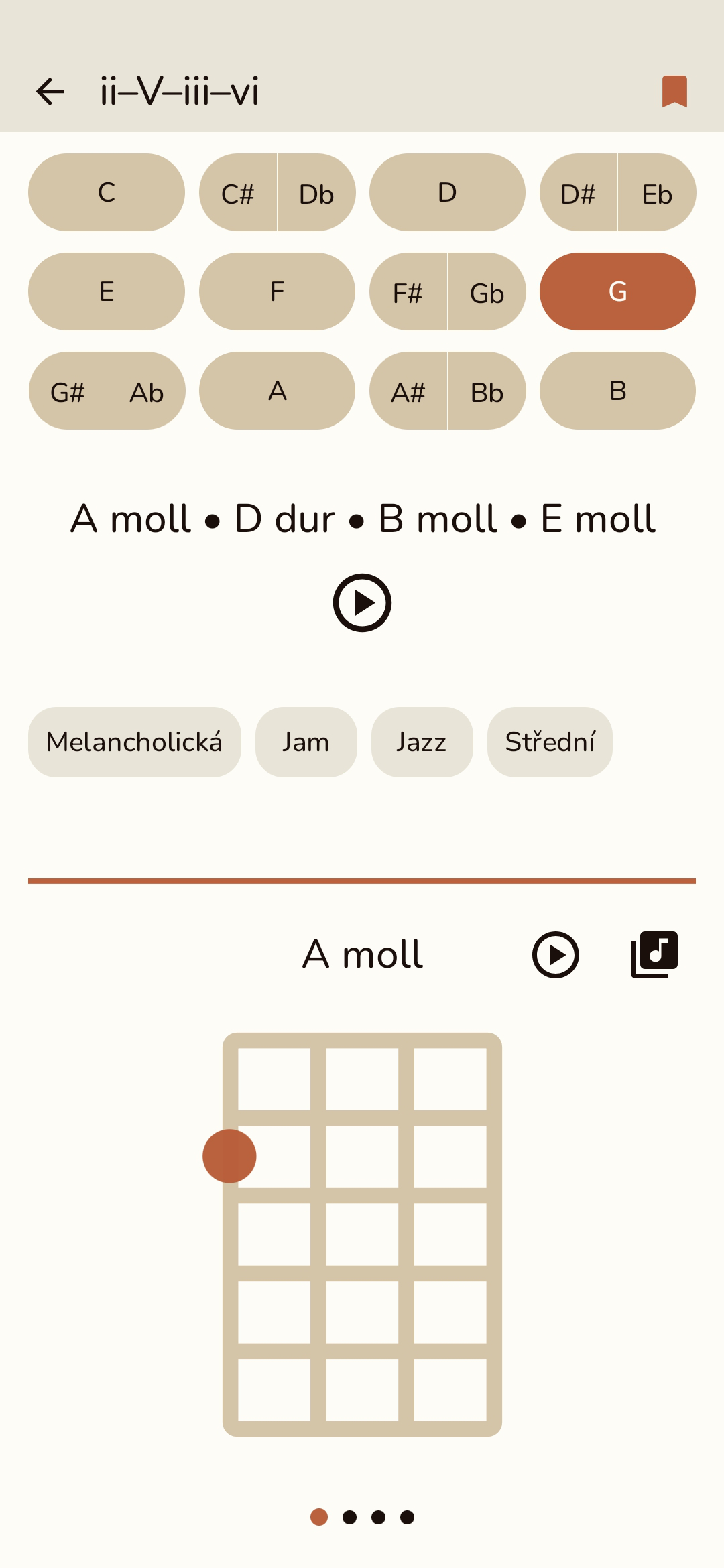 Screenshot akordových progresí v Ukulele Pouch
